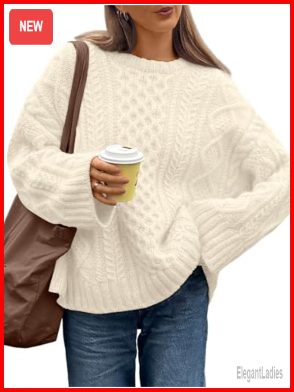 Oversized Cable Knit Sweater Crewneck Pullover Long Sleeve Women Fall
